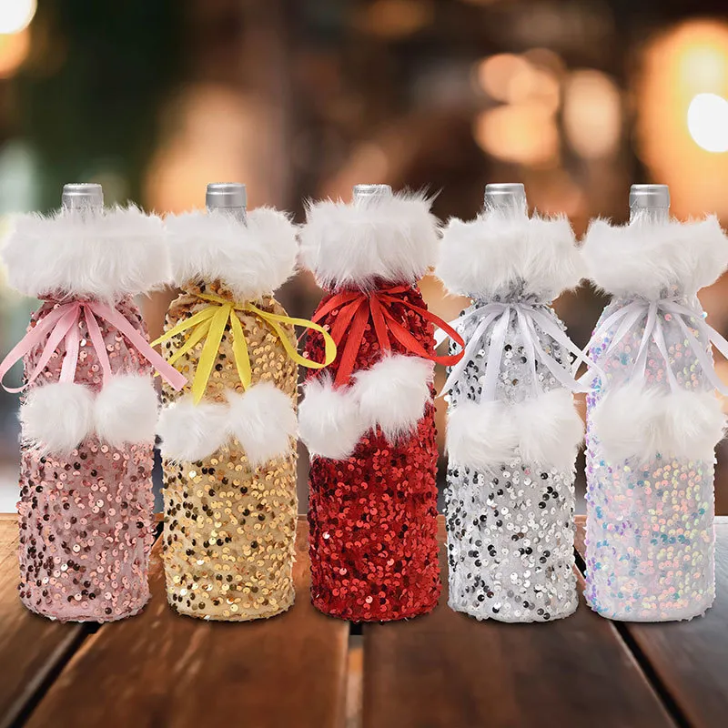 Christmas Sequined Wine Bottle Set Plush Cover Red Wine Hotel Table Decor Tableware 29*12Cm