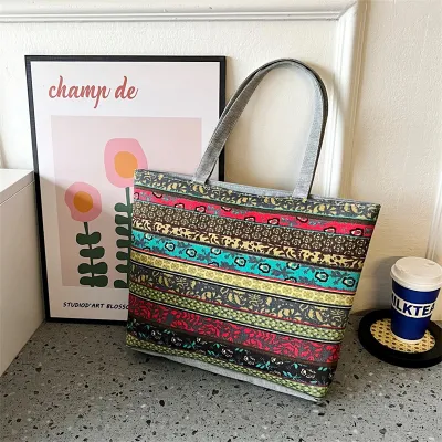 Women Vintage Striped Creative Print One Shoulder Handle Tote Woven Canvas Bag