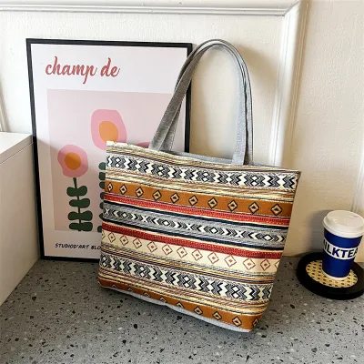 Women Vintage Striped Creative Print One Shoulder Handle Tote Woven Canvas Bag