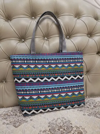 Women Vintage Striped Creative Print One Shoulder Handle Tote Woven Canvas Bag