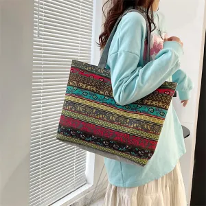 Women Vintage Striped Creative Print One Shoulder Handle Tote Woven Canvas Bag