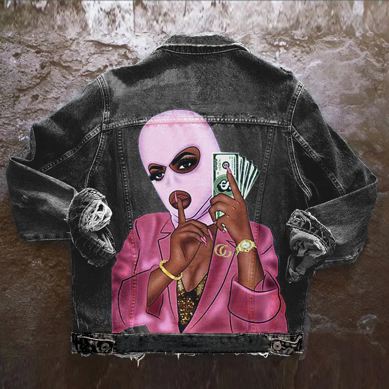 Women Casual Long Sleeves Graphic Printed Single-breasted Denim Jacket