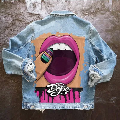 Women Casual Long Sleeves Graphic Printed Single-breasted Denim Jacket