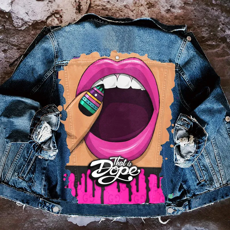 Women Casual Long Sleeves Graphic Printed Single-breasted Denim Jacket