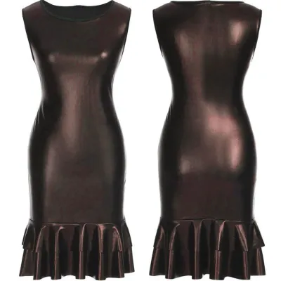 Women Elegant Solid Color Ruffled Slim Sleeveless PU Leather Dress