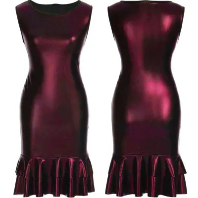 Women Elegant Solid Color Ruffled Slim Sleeveless PU Leather Dress