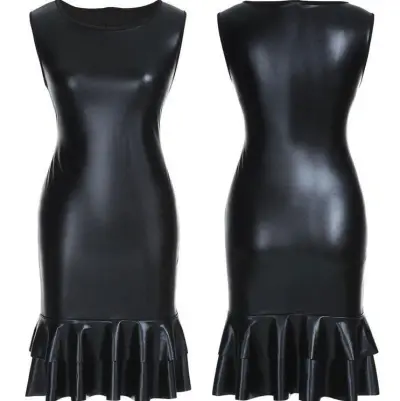 Women Elegant Solid Color Ruffled Slim Sleeveless PU Leather Dress
