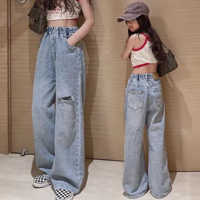 Kids Toddler Girls Fashion Shredded Wide Leg Loose High Waist Jeans