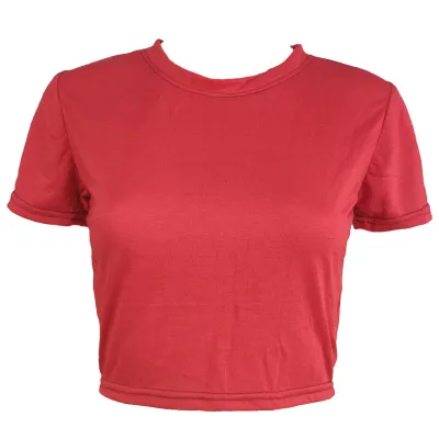 Women Summer Solid Color Short Sleeve Round Neck Crop Top