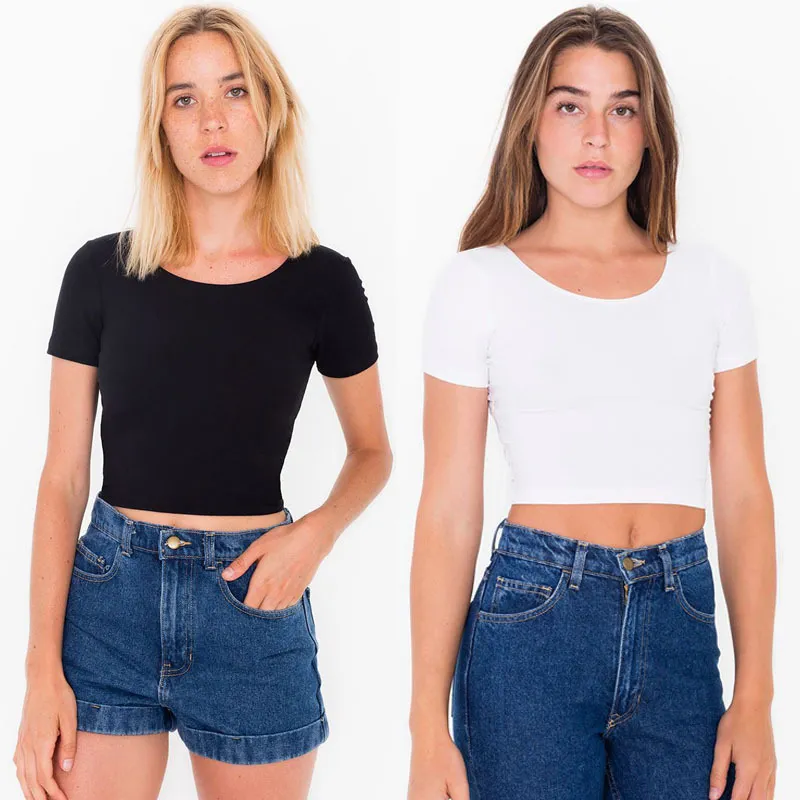 Women Summer Solid Color Short Sleeve Round Neck Crop Top