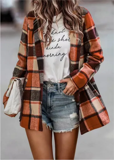 Winter Women Casual Loose Plaid Color Blocking Long-sleeved Pocket Cardigan Shacket