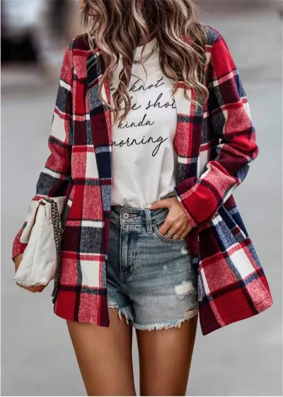 Winter Women Casual Loose Plaid Color Blocking Long-sleeved Pocket Cardigan Shacket
