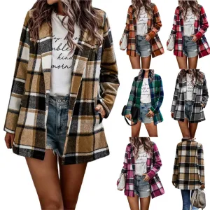 Winter Women Casual Loose Plaid Color Blocking Long-sleeved Pocket Cardigan Shacket
