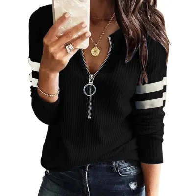 Women Basic Half Zipper V-neck Patchwork Long-sleeved Top