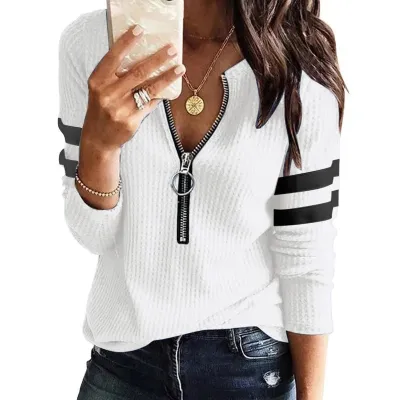 Women Basic Half Zipper V-neck Patchwork Long-sleeved Top