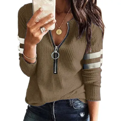 Women Basic Half Zipper V-neck Patchwork Long-sleeved Top