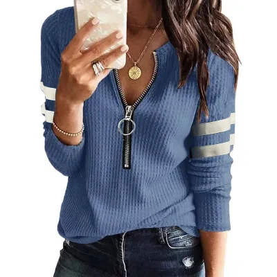 Women Basic Half Zipper V-neck Patchwork Long-sleeved Top