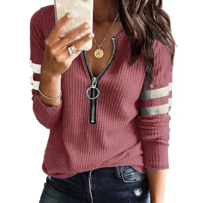 Women Basic Half Zipper V-neck Patchwork Long-sleeved Top
