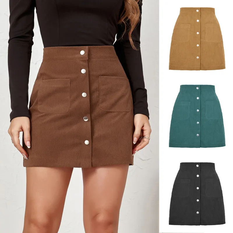 Women Corduroy Single Breasted Bag Hip Skirt