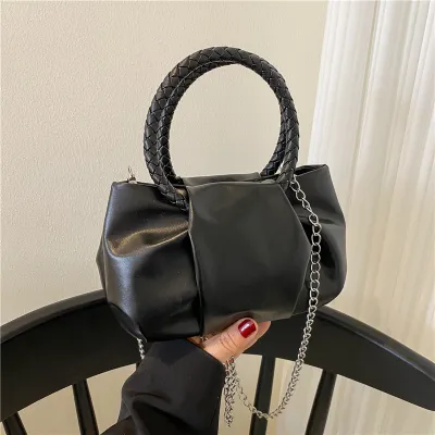 Women's Spring Solid Color Portable Pleated Mini Crossbody Bag with Magnetic Buckle