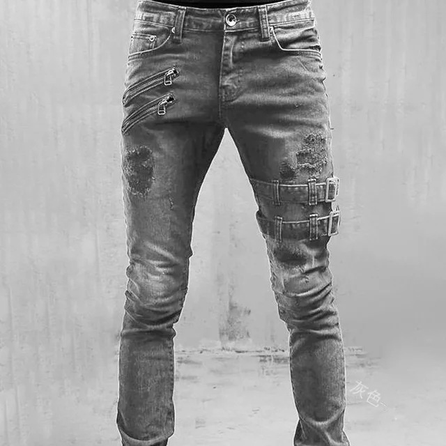 Wholesale Men Casual Shredded Zip Skinny Jeans