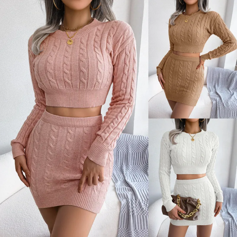 Women Casual Twist Cropped Sweater Hip Skirt Knitted Set