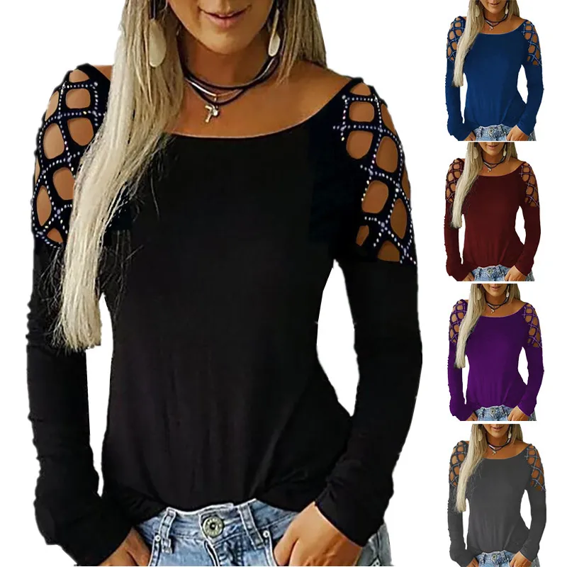 Women Elegant Round Neck Rhinestone Hollow Out Cool Shoulder Long-Sleeved T-Shirt