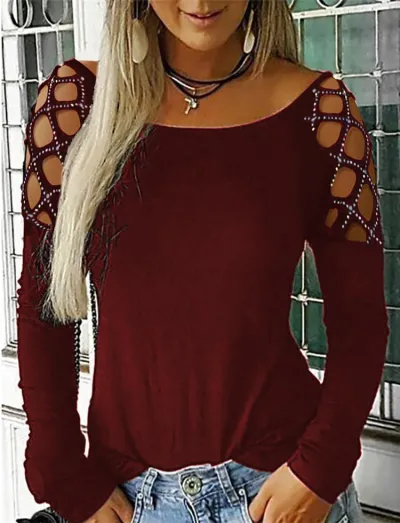 Women Elegant Round Neck Rhinestone Hollow Out Cool Shoulder Long-Sleeved T-Shirt