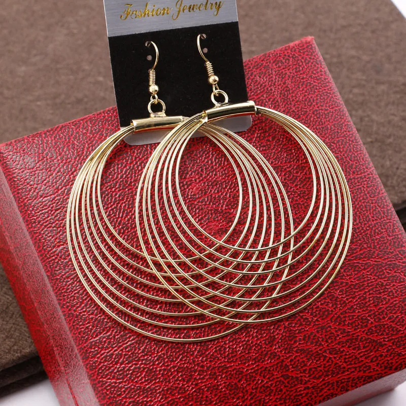 Women Fashion Geometric Metal Ring Buckle Layered Hoop Earrings