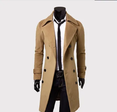 Men Casual Solid Double-Breasted Midi Slim Coat