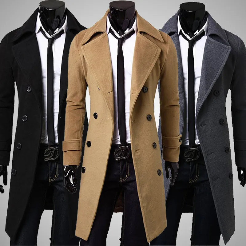 Men Casual Solid Double-Breasted Midi Slim Coat