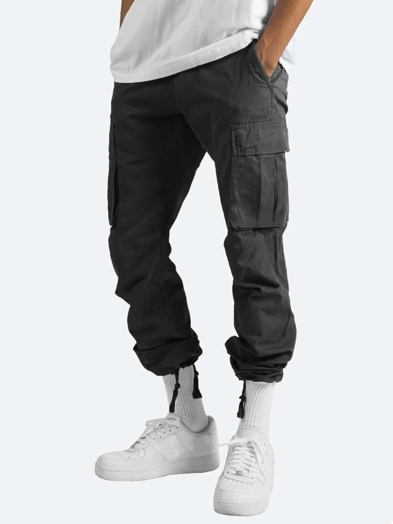 Wholesale Men Casual Solid Mid-Rise Drawstring Multi-Pocket