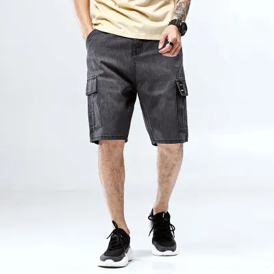 Men Casual Solid Mid-Rise Straight Multi-Pocket Denim Bermuda Shorts