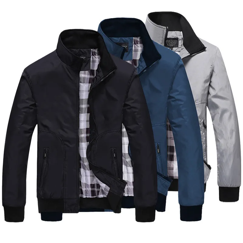 Men Casual Colorblock Stand Collar Long Sleeve Zip Pocket Slim Fit Jacket