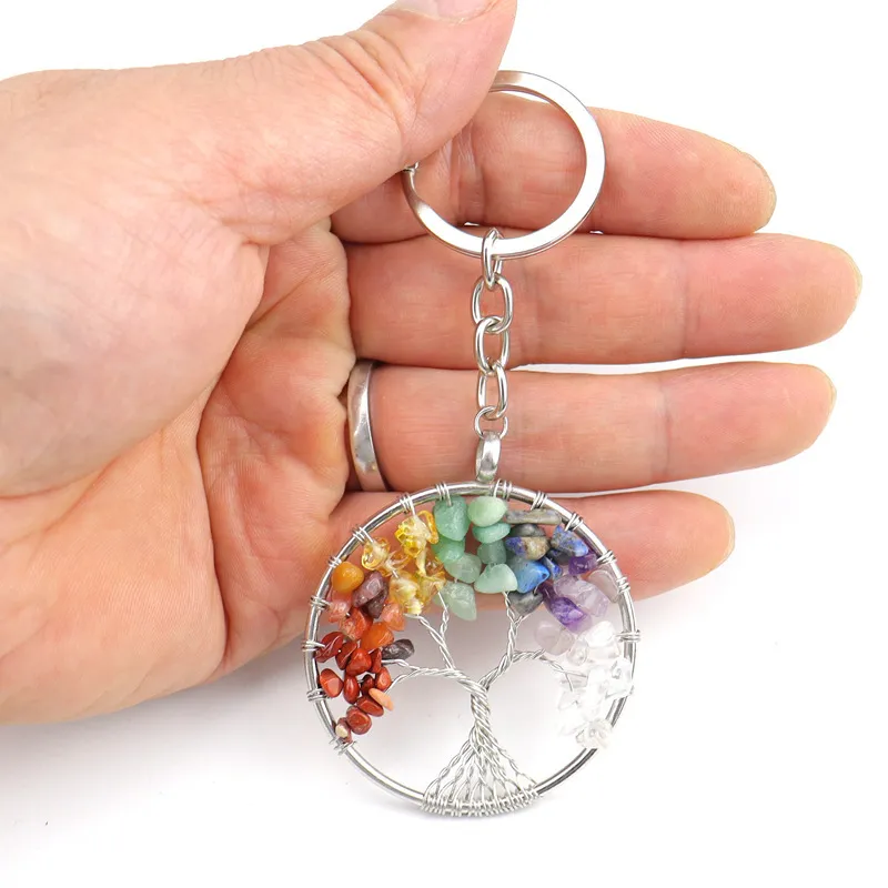 Unisex Crystal Stone Tree Of Life Pendant Keychain Key Ring