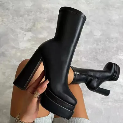 Women Fashion Double Waterproof Platform Leather Square Toe Thick Heel Mid-Calf Boots
