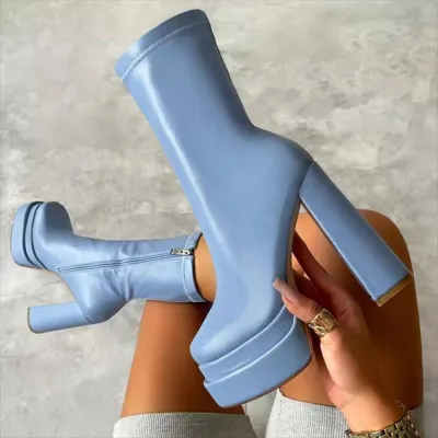 Women Fashion Double Waterproof Platform Leather Square Toe Thick Heel Mid-Calf Boots