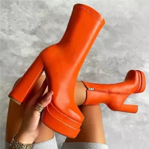 Women Fashion Double Waterproof Platform Leather Square Toe Thick Heel Mid-Calf Boots