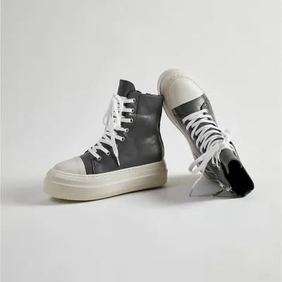 Women Fashion Thick-soled Solid Color Split Leather High Top Sneakers