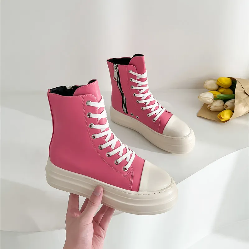 Women Fashion Thick-soled Solid Color Split Leather High Top Sneakers