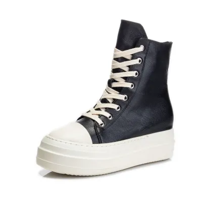 Women Fashion Thick-soled Solid Color Split Leather High Top Sneakers