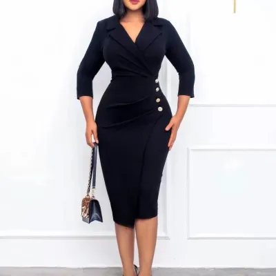 Women Elegant Solid Color Long Sleeves Bodycon Midi Dress