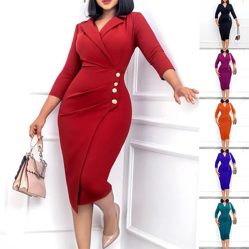Women Elegant Solid Color Long Sleeves Bodycon Midi Dress