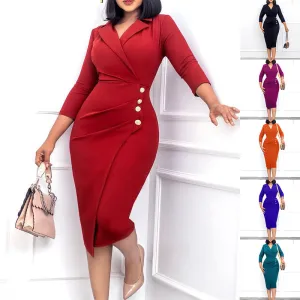 Women Elegant Solid Color Long Sleeves Bodycon Midi Dress