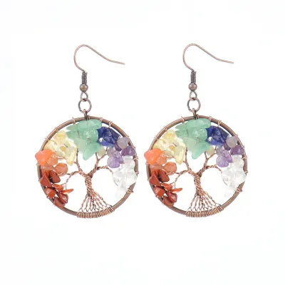 Women Fashion Simple Crystal Stone Colorful Tree Roots Tree Of Life Earrings