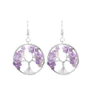 Women Fashion Simple Crystal Stone Colorful Tree Roots Tree Of Life Earrings