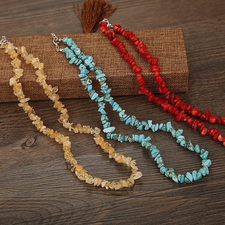 Women's Handmade Beaded Colorful Crystal Stone Necklace with Water Wave Chain
