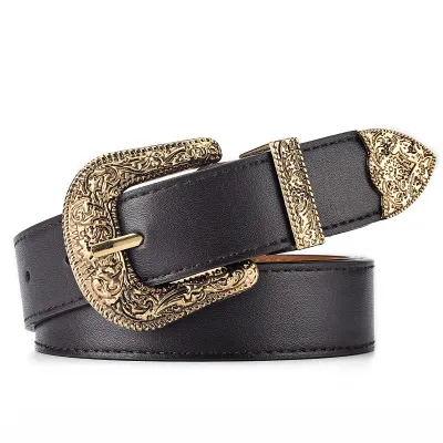 Women Fashion Retro Flower Graphic Buckle Pu Belt Imitation Leather 105cm