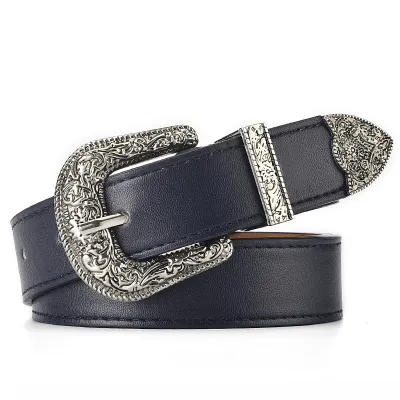 Women Fashion Retro Flower Graphic Buckle Pu Belt Imitation Leather 105cm