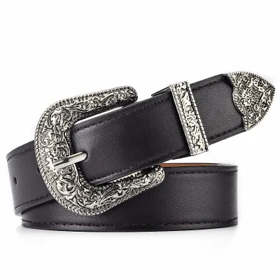 Women Fashion Retro Flower Graphic Buckle Pu Belt Imitation Leather 105cm